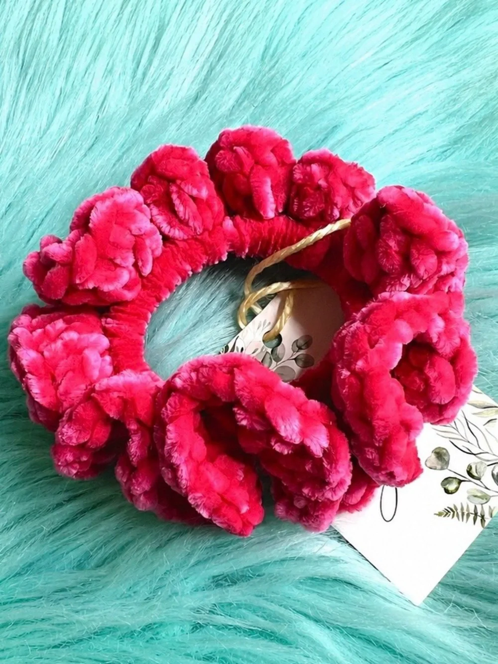 PinkRainCloud Handmade Luxe Velvet Hot Pink Crochet Plush Hair Scrunchie